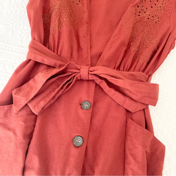 Zara Terracotta Embroidered Button Front Midi Dress - Picture 6 of 15